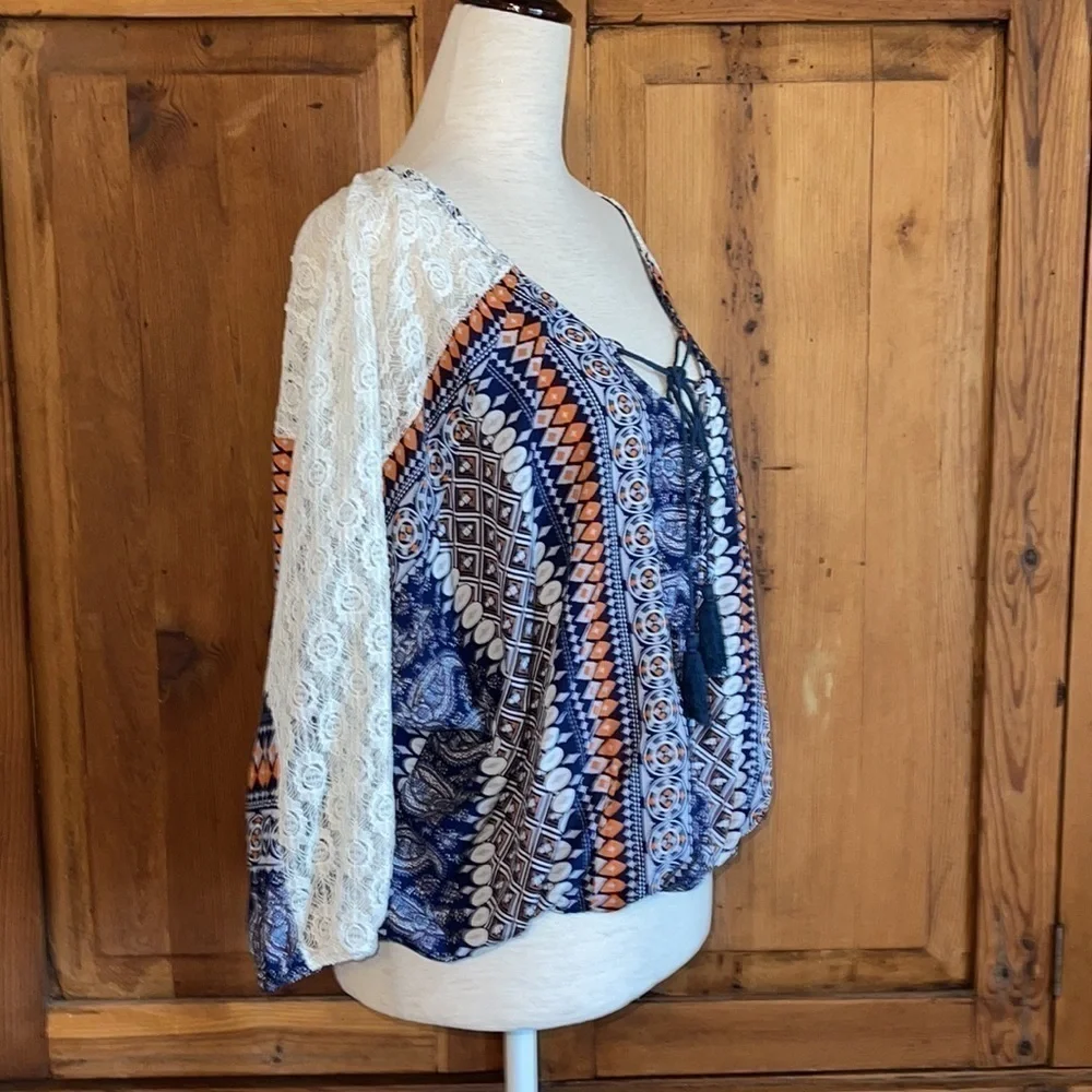 NWT Anthropologie HAZEL Blue & Orange Bohemian Style Blouse Sz. S